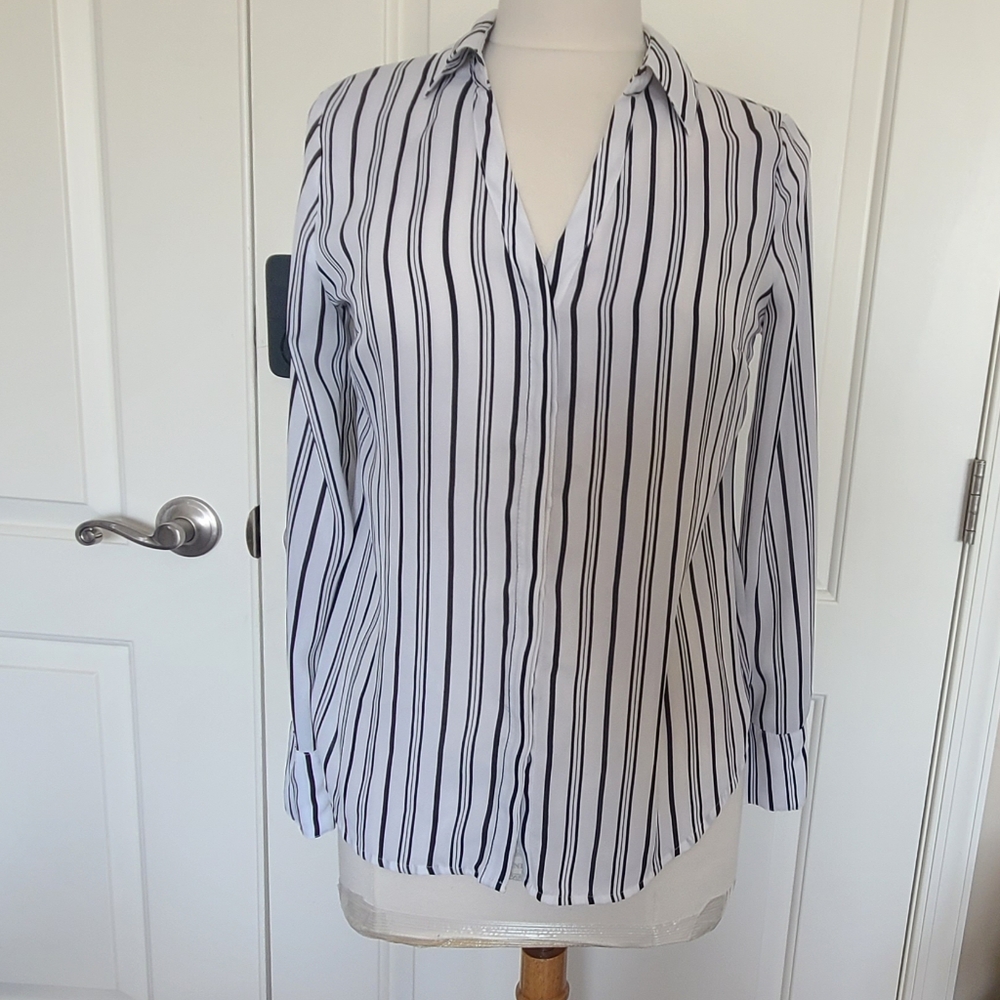 Sheer Black and White Striped Button Down Blouse